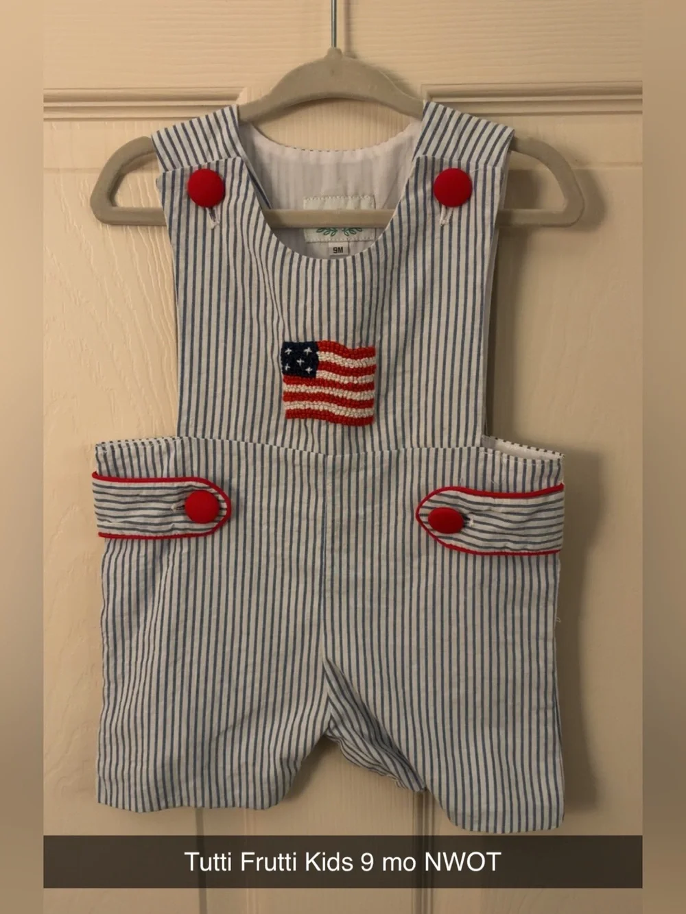Blue & White Striped American Flag Overalls - 9M